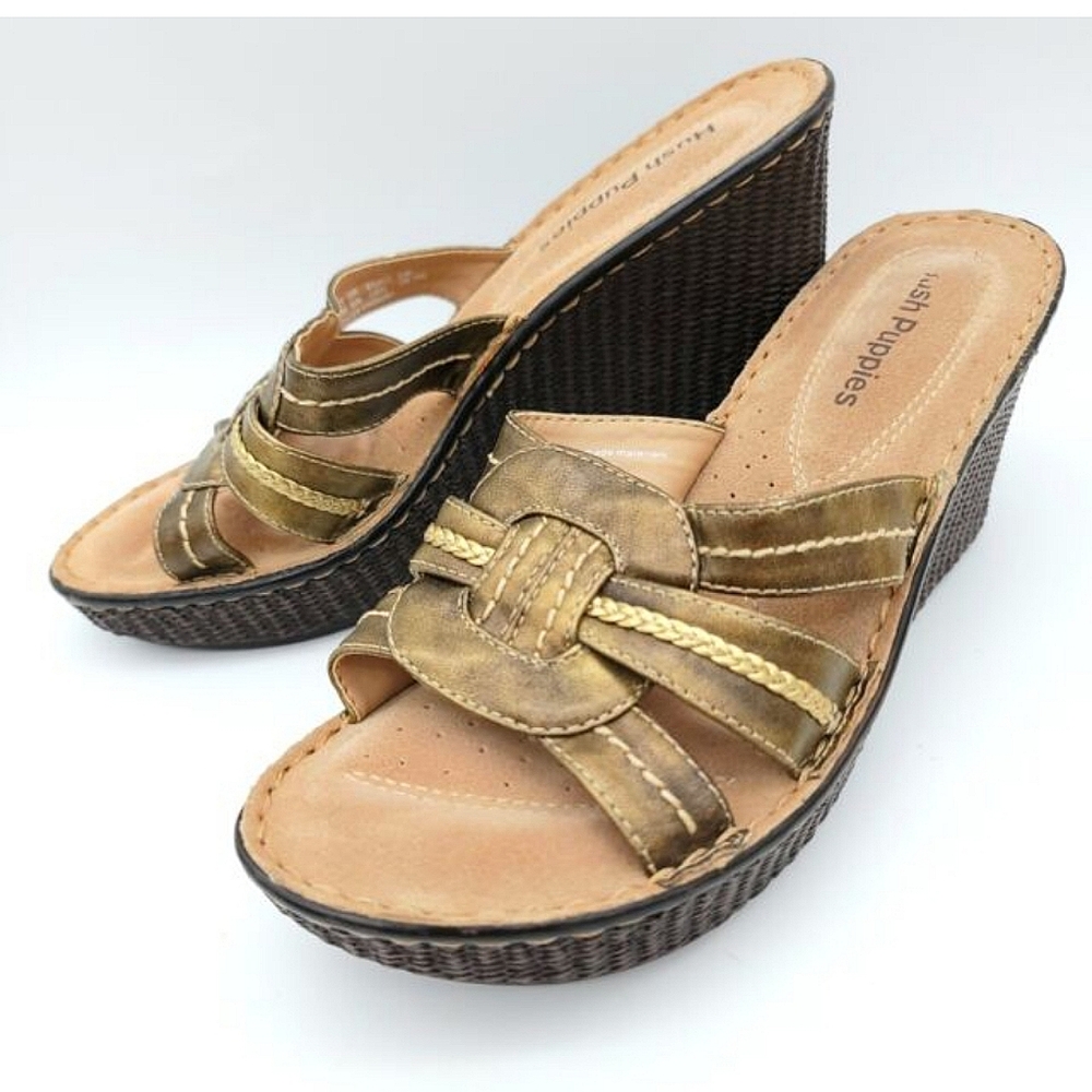 Hush Puppies Bronze Leather Wedge Slip On Sandals Size 9 Latticed Heel